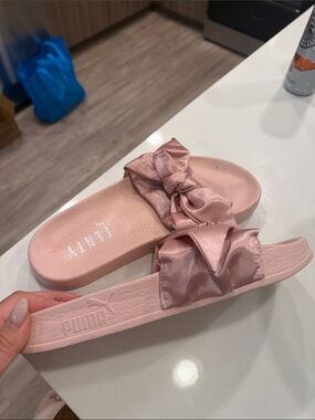 Puma Fenty Satin Bow Slide Sandals in Blush Pink